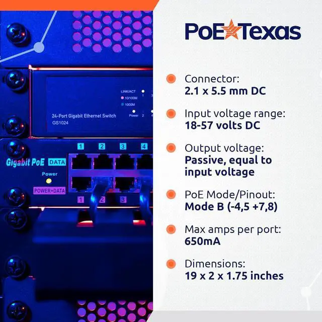Alt view image 3 of 6 - PoE Texas 24 Port PoE Injector - Multi-Port PoE Gigabit Rack Mount Midspan for IP Cameras, Phones, WiFi AP, Add Power Over Ethernet to Non-PoE Switch or Network Router, Includes 56v 240w Power Supply