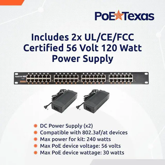 Alt view image 5 of 6 - PoE Texas 24 Port PoE Injector - Multi-Port PoE Gigabit Rack Mount Midspan for IP Cameras, Phones, WiFi AP, Add Power Over Ethernet to Non-PoE Switch or Network Router, Includes 56v 240w Power Supply