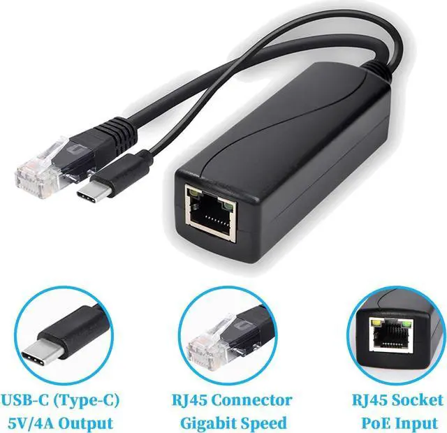 Alt view image 2 of 7 - Gigabit Type C PoE Splitter 5V/4A, PoE 48V to USB-C 5V/4A Output, Comply IEEE802.3af/at, Adaptive 10/100/1000Mbps, PoE Adapter Splitter for Smart Home/Pi 4B/4B+ (TYPEC0504G)