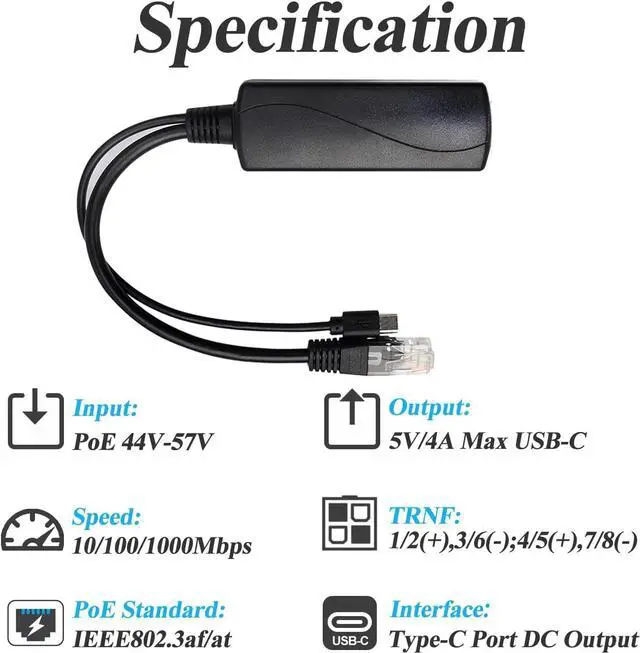 Alt view image 4 of 7 - Gigabit Type C PoE Splitter 5V/4A, PoE 48V to USB-C 5V/4A Output, Comply IEEE802.3af/at, Adaptive 10/100/1000Mbps, PoE Adapter Splitter for Smart Home/Pi 4B/4B+ (TYPEC0504G)