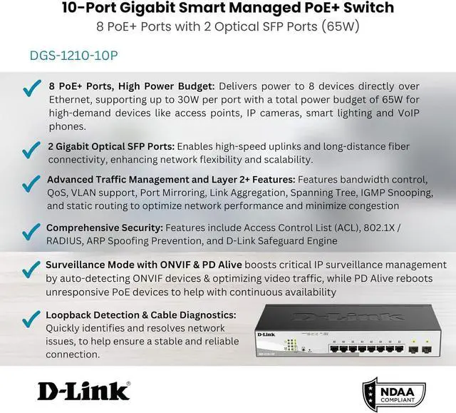 Alt view image 2 of 6 - D-Link 10-Port Gigabit Smart Managed PoE+ Switch with 8 PoE+ Ports (65W) + 2 SFP Ports + Gigabit Ethernet Optical Transceiver Single-Mode 1000BASE-LX SFP Module