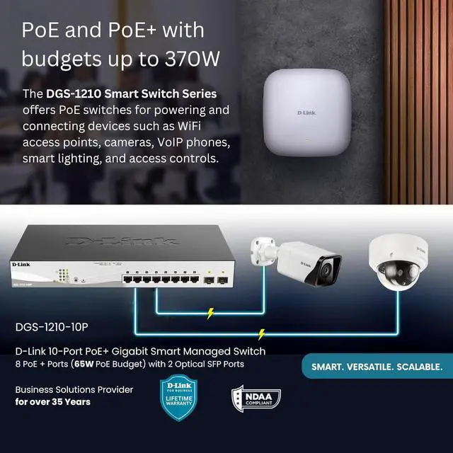Alt view image 3 of 6 - D-Link 10-Port Gigabit Smart Managed PoE+ Switch with 8 PoE+ Ports (65W) + 2 SFP Ports + Gigabit Ethernet Optical Transceiver Single-Mode 1000BASE-LX SFP Module