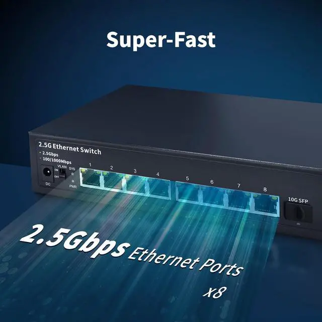 Alt view image 2 of 6 - 8-Port 2.5G Unmanaged Ethernet Switch, 8X 2.5G Base-T Ports, 1X 10G SFP, 60Gbps Switching Capacity, Compatible with 100/1000/2500Mbps, 2.5Gb Network Switch for Wireless AP, NAS, PC