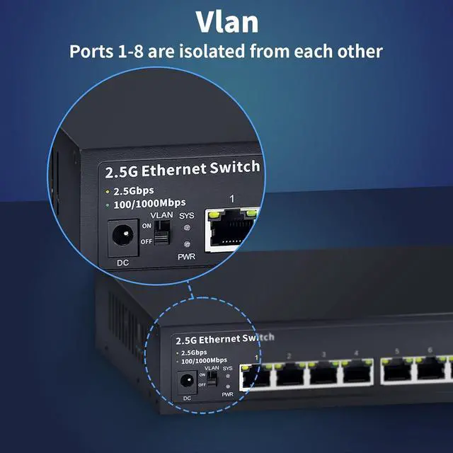 Alt view image 3 of 6 - 8-Port 2.5G Unmanaged Ethernet Switch, 8X 2.5G Base-T Ports, 1X 10G SFP, 60Gbps Switching Capacity, Compatible with 100/1000/2500Mbps, 2.5Gb Network Switch for Wireless AP, NAS, PC