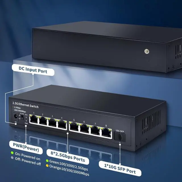 Alt view image 4 of 6 - 8-Port 2.5G Unmanaged Ethernet Switch, 8X 2.5G Base-T Ports, 1X 10G SFP, 60Gbps Switching Capacity, Compatible with 100/1000/2500Mbps, 2.5Gb Network Switch for Wireless AP, NAS, PC