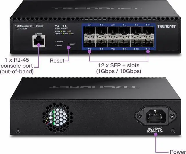 Alt view image 6 of 7 - TRENDnet 12-Port 10G Layer 2 Managed SFP+ Switch, TL2-F7120, 12 x 10G SFP+ Ports, 240Gbps Switching Capacity, Supports 10GBASE-X / 1000BASE-FX SFP Fiber Modules, Lifetime Protection, Black