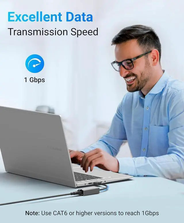 Alt view image 4 of 7 - BlueRigger USB 3.0 to Ethernet Adapter (1000Mbps, Gigabit USB-A Ethernet Converter, RJ45 LAN Network Adapter) - Compatible with PC, Desktop, Laptop, Nintendo Switch Dock