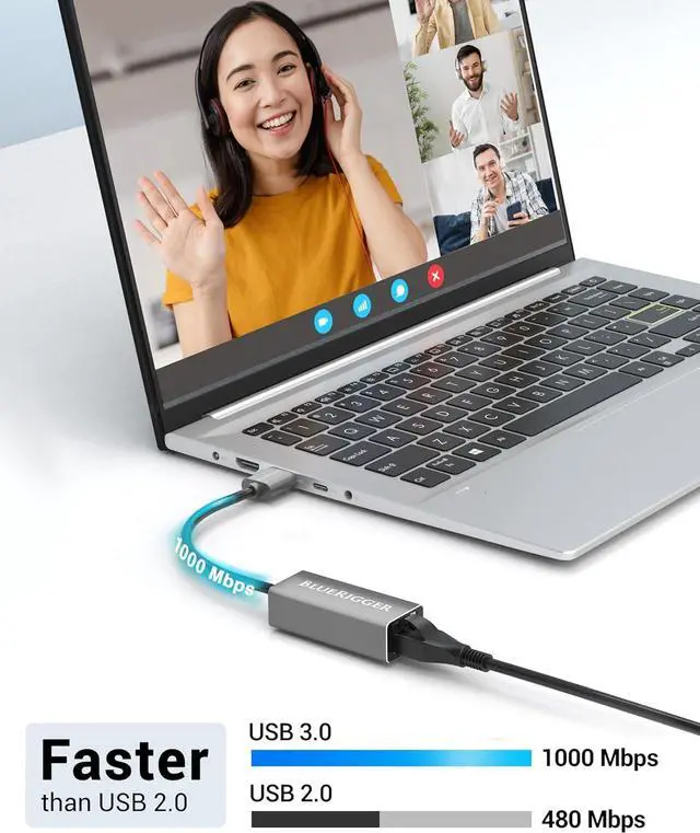 Alt view image 2 of 7 - BlueRigger USB 3.0 to Ethernet Adapter (1000Mbps, Gigabit USB-A Ethernet Converter, RJ45 LAN Network Adapter) - Compatible with PC, Desktop, Laptop, Nintendo Switch Dock