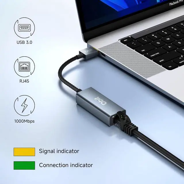 Alt view image 3 of 7 - DBIT USB to Ethernet Adapter, Driver Free USB 3.0 to Gigabit Ethernet LAN Network Adapter, RJ45 Internet Adapter Compatible with MacBook, Laptop PC with Windows, XP, Vista, Mac, Linux, Nintendo Switch