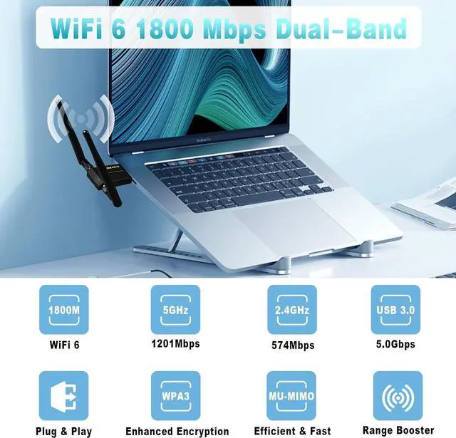 Alt view image 2 of 7 - USB WiFi Adapter for PC - 1800Mbps USB 3.0 WiFi 6 Adapter for Desktop PC Laptop with 2.4G/5G Dual 5dBi Antennas, Wireless Network Adapter for MU-MIMO OFDMA WPA3 Plug & Play, Supports Windows 11/10
