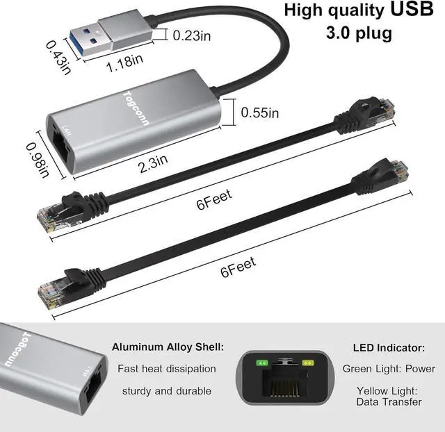 Alt view image 2 of 5 - USB to Ethernet Adapter, USB 3.0 to RJ45 Connectors, Type-A to Gigabit LAN Network Internet Adapter, for MacBook, Laptop, PC and More, Aluminum with 2 Pack 4Feet Cat6 Cables