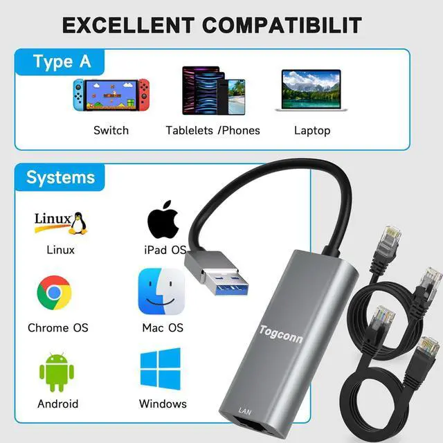 Alt view image 5 of 5 - USB to Ethernet Adapter, USB 3.0 to RJ45 Connectors, Type-A to Gigabit LAN Network Internet Adapter, for MacBook, Laptop, PC and More, Aluminum with 2 Pack 4Feet Cat6 Cables