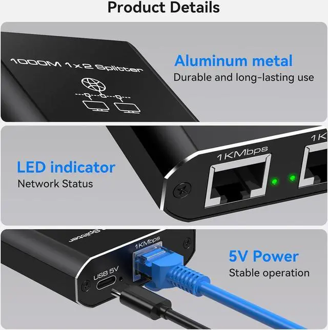 Alt view image 5 of 6 - Ethernet Splitter 1 in 2 Out High-Speed 1000Mbps Network Splitter [2 Devices Share Network] RJ45 LAN Splitter Adapter with USB Power Cord Internet Splitter for Cat5/5e/6/7/8 Cable Router
