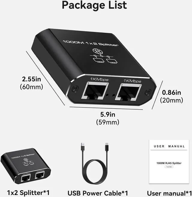 Alt view image 6 of 6 - Ethernet Splitter 1 in 2 Out High-Speed 1000Mbps Network Splitter [2 Devices Share Network] RJ45 LAN Splitter Adapter with USB Power Cord Internet Splitter for Cat5/5e/6/7/8 Cable Router