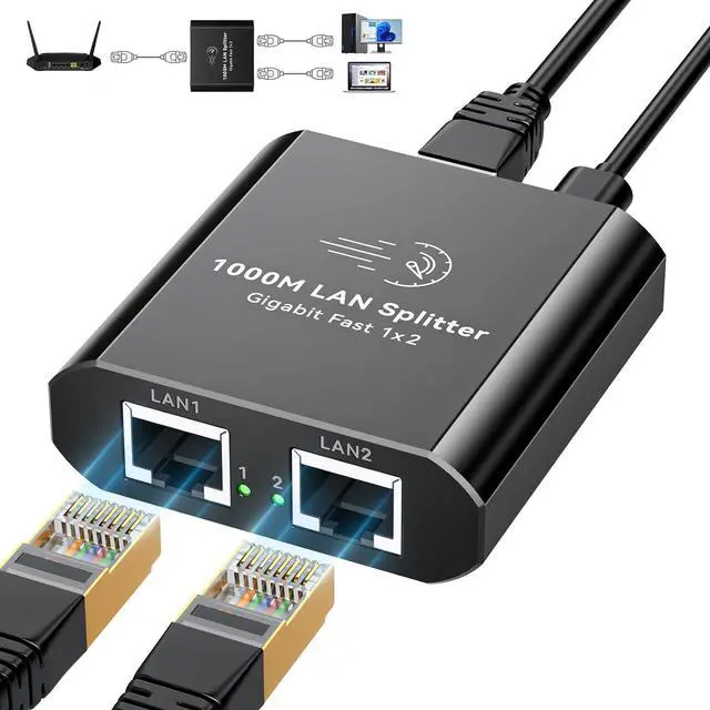 Main image of Ethernet Splitter 1 to 2 1000Mbps Internet Cable Splitter 1 in 2 Out High Speed Either Network Splitter Gigabit Dual LAN RJ45 Port Router Switch Work with Cat6/7/8 Cable