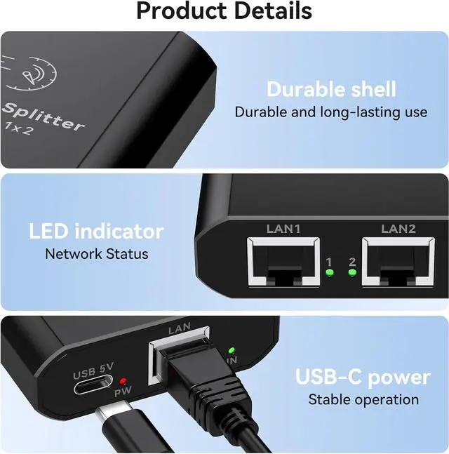 Alt view image 6 of 7 - Ethernet Splitter 1 to 2 1000Mbps Internet Cable Splitter 1 in 2 Out High Speed Either Network Splitter Gigabit Dual LAN RJ45 Port Router Switch Work with Cat6/7/8 Cable