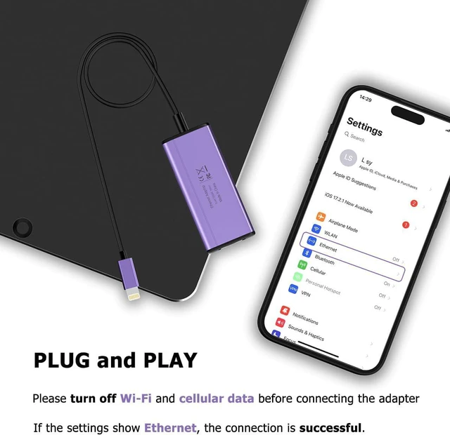 Alt view image 4 of 6 - Lightning to 1000Mbps Ethernet Adapter, IVSHOWCO 2 in 1 iPhone iPad to RJ45 Ethernet LAN Network Adapter with Charging Port, 1 Gigabit High Speed,Plug and Play(1.77Ft)