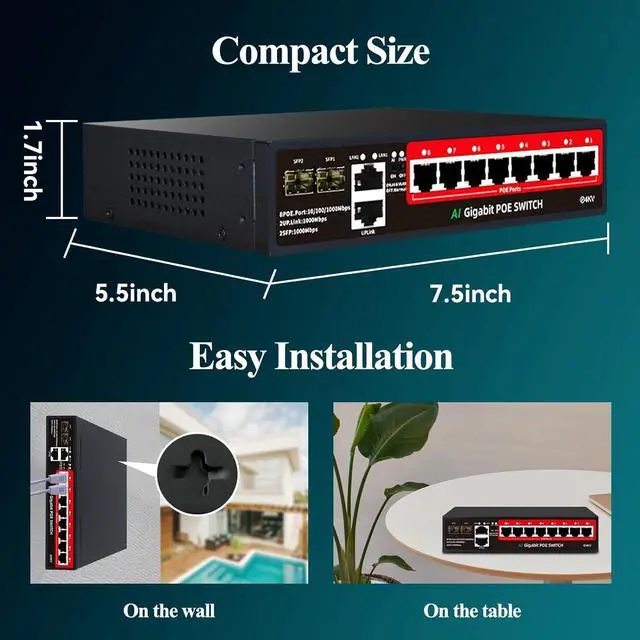 Alt view image 6 of 7 - STEAMEMO 8 Port Gigabit PoE Switch with 2 Gigabit Uplink, 2*1.25G SFP Ports, AI VLAN Mode, 802.3af/at Compliant,120W Built-in Power,Unmanaged Metal Plug and Play