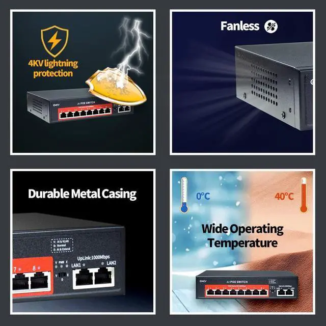 Alt view image 7 of 7 - STEAMEMO 8 Port Gigabit PoE Switch with 2 Gigabit Uplink, 2*1.25G SFP Ports, AI VLAN Mode, 802.3af/at Compliant,120W Built-in Power,Unmanaged Metal Plug and Play