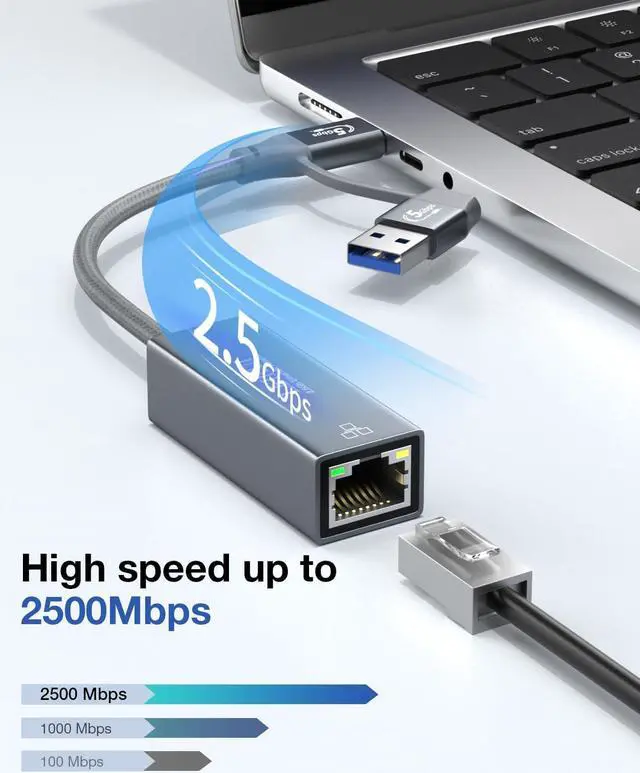 Alt view image 2 of 7 - USB C to Ethernet Adapter 2.5Gb, Thunderbolt 3 & USB 3.0 to RJ45 LAN Converter, 2500Mbps Gigabit Network Adapter for MacBook Pro/Air, iPad Pro, Dell XPS, Surface, Laptop