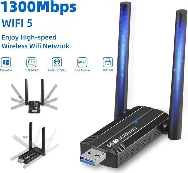 Alt view image 2 of 7 - Wireless USB WiFi Adapter for PC,1300Mbps Dual 5Dbi Antennas 2.4&5.0GHz 802.11AC USB 3.0 WiFi Adapter Support for Windows Vista/XP/Win7/8/10/11, Linux OS, MAC OS 10.9-10.15