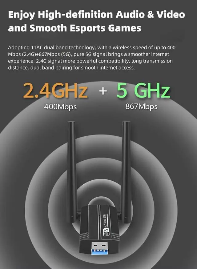 Alt view image 5 of 7 - Wireless USB WiFi Adapter for PC,1300Mbps Dual 5Dbi Antennas 2.4&5.0GHz 802.11AC USB 3.0 WiFi Adapter Support for Windows Vista/XP/Win7/8/10/11, Linux OS, MAC OS 10.9-10.15