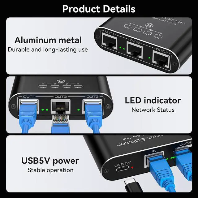 Alt view image 6 of 7 - Ethernet Splitter 1 to 4 1000Mbps Internet Splitter LAN Splitter Either Network Splitter Ethernet Switch Suitable for Cat6/7/8 Cable