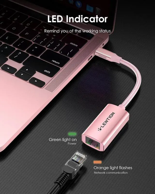 Alt view image 7 of 7 - LENTION USB C to Ethernet Adapter, RJ45 to Type C Gigabit Network Wired LAN Converter Compatible 2023-2016 MacBook Pro 13/15/16, New iPad Pro/Mac Air/Surface, Chromebook, More (CU604, Rose Gold)