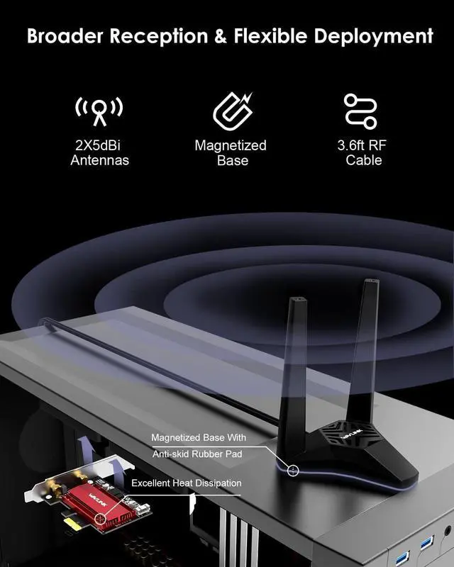 Alt view image 5 of 7 - 2024 New AX5400 WiFi 6E PCIe Network Card, Wavlink Tri-Band AX210 Wireless Adapter with Bluetooth 5.3, MU-MIMO, WPA3, OFDMA, Low-Profile Bracket, Heat Sink, for Windows 10/11