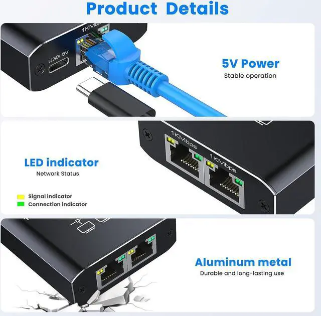 Alt view image 2 of 5 - Ethernet Splitter 1 to 2 High Speed 1000Mbps, Gigabit RJ45 Internet Ethernet Switch, Network LAN Splitter with USB Power Cable for Cat 5/5e/6/7/8 Cable [2 Devices Networked Simultaneously]