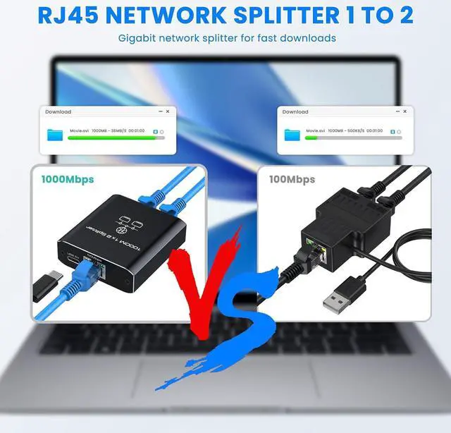 Alt view image 4 of 5 - Ethernet Splitter 1 to 2 High Speed 1000Mbps, Gigabit RJ45 Internet Ethernet Switch, Network LAN Splitter with USB Power Cable for Cat 5/5e/6/7/8 Cable [2 Devices Networked Simultaneously]