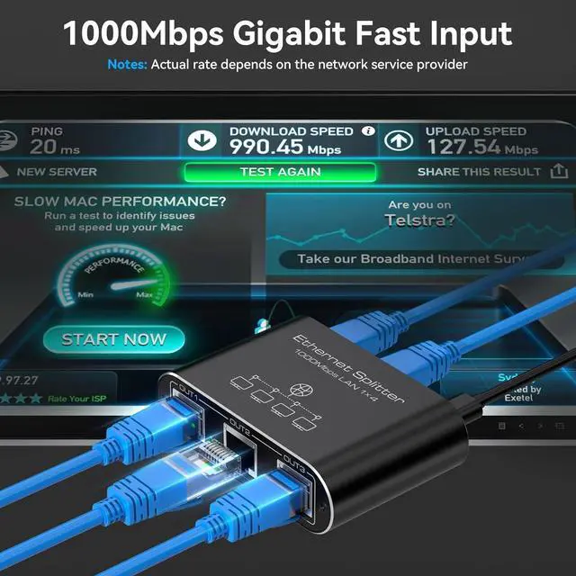 Alt view image 3 of 7 - Ethernet Splitter 1 to 4 1000Mbps Internet Splitter LAN Splitter Either Network Splitter Ethernet Switch Suitable for Cat6/7/8 Cable