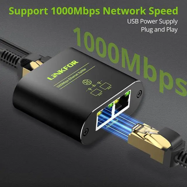 Alt view image 2 of 7 - LiNKFOR Ethernet Splitter 1 in 2 out,1000Mbps High Speed Ethernet Splitter RJ45 Network Extension Connector with USB Type C cable Gigabit Ethernet Switch Network Sharing for Cat8 Cat7 Cat6 Cat5 Cat5e