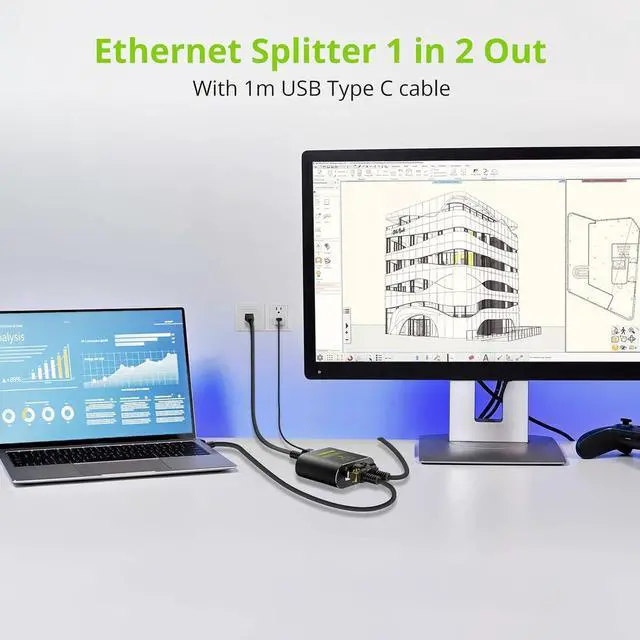 Alt view image 5 of 7 - LiNKFOR Ethernet Splitter 1 in 2 out,1000Mbps High Speed Ethernet Splitter RJ45 Network Extension Connector with USB Type C cable Gigabit Ethernet Switch Network Sharing for Cat8 Cat7 Cat6 Cat5 Cat5e