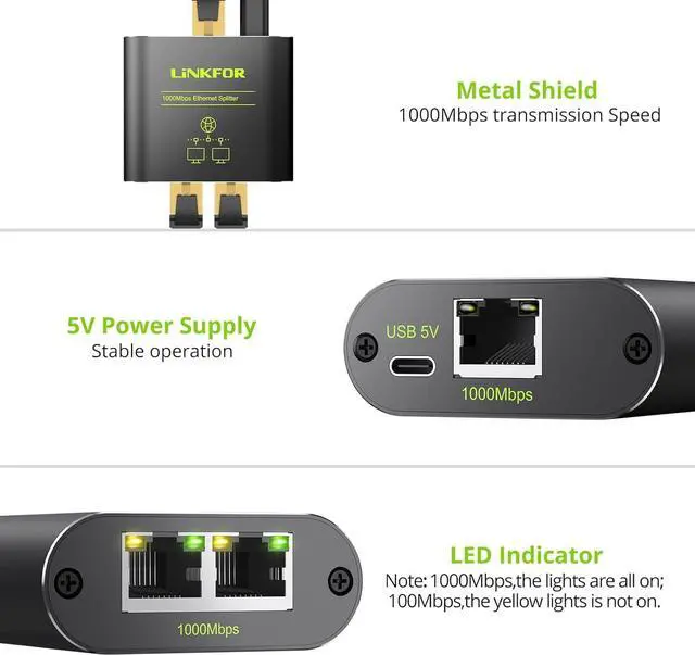 Alt view image 7 of 7 - LiNKFOR Ethernet Splitter 1 in 2 out,1000Mbps High Speed Ethernet Splitter RJ45 Network Extension Connector with USB Type C cable Gigabit Ethernet Switch Network Sharing for Cat8 Cat7 Cat6 Cat5 Cat5e