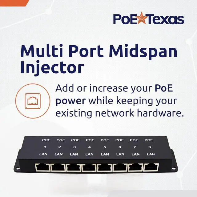 Alt view image 2 of 7 - PoE Texas 8 Port PoE Injector - 8 Port PoE Adapter - Add Power Over Ethernet for Passive Devices - 10/100 Data Rate for PTZ, IP Camera Video Security System, VoIP Phone, WiFi Access Point (POE-8-ENC)
