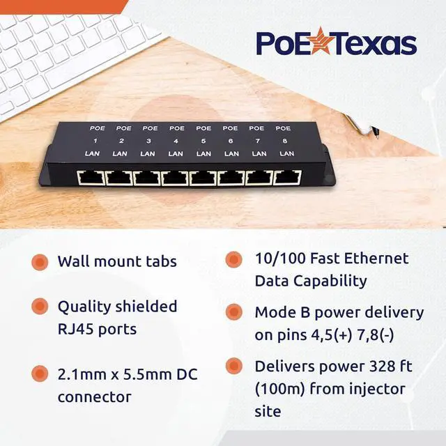 Alt view image 3 of 7 - PoE Texas 8 Port PoE Injector - 8 Port PoE Adapter - Add Power Over Ethernet for Passive Devices - 10/100 Data Rate for PTZ, IP Camera Video Security System, VoIP Phone, WiFi Access Point (POE-8-ENC)