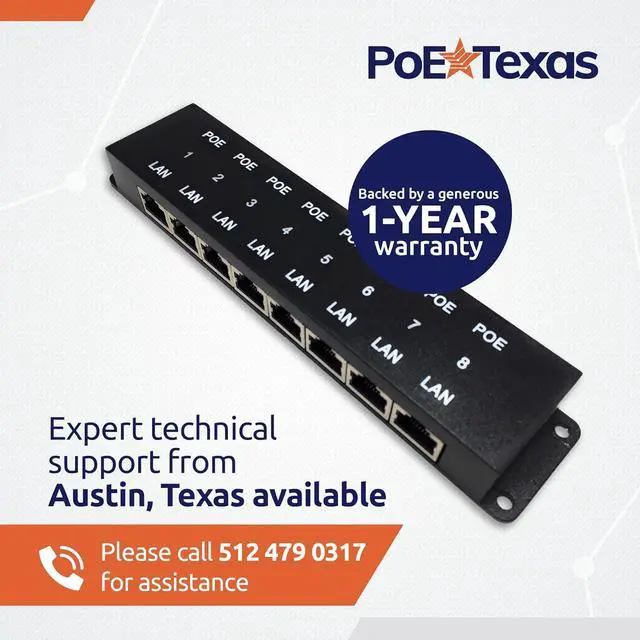 Alt view image 7 of 7 - PoE Texas 8 Port PoE Injector - 8 Port PoE Adapter - Add Power Over Ethernet for Passive Devices - 10/100 Data Rate for PTZ, IP Camera Video Security System, VoIP Phone, WiFi Access Point (POE-8-ENC)