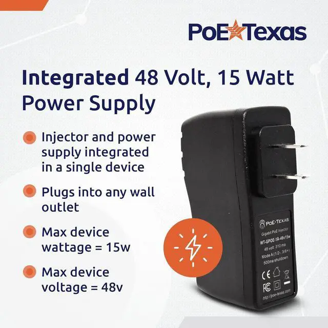 Alt view image 5 of 6 - Poe Texas PoE Injector - Single Port Power Over Ethernet Passive PoE Adapter - UL Rated with Integrated 48V 15W Power Supply - 10/100/1000 Gigabit Data - Plug & Play Home Office VoIP Phone WiFi AP