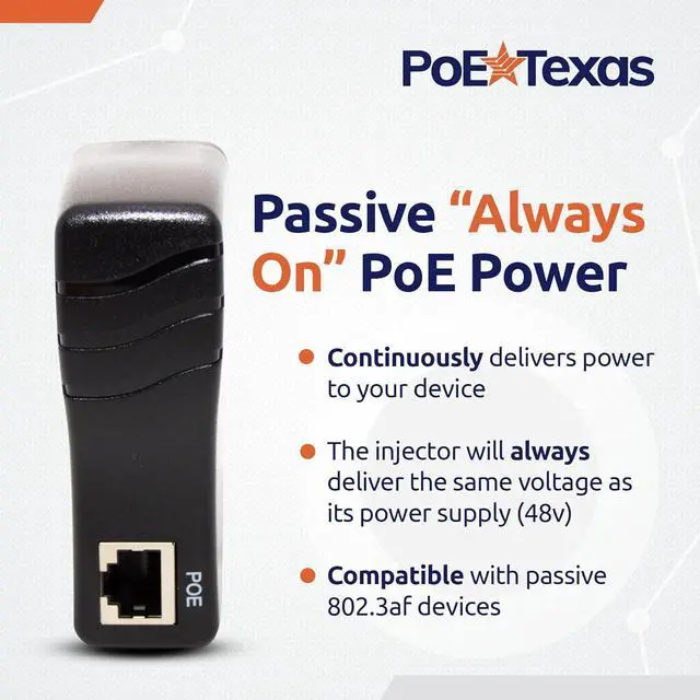 Alt view image 6 of 6 - Poe Texas PoE Injector - Single Port Power Over Ethernet Passive PoE Adapter - UL Rated with Integrated 48V 15W Power Supply - 10/100/1000 Gigabit Data - Plug & Play Home Office VoIP Phone WiFi AP