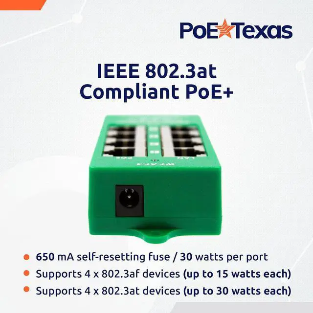 Alt view image 3 of 6 - PoE Texas 4 Port PoE/PoE+ Injector with 56V 120W Power Supply - Gigabit Injector - Active Mode A Power Over Ethernet Multi Port PoE Adapter - Supports 4 PoE (802.3af or at) up to 120 watts