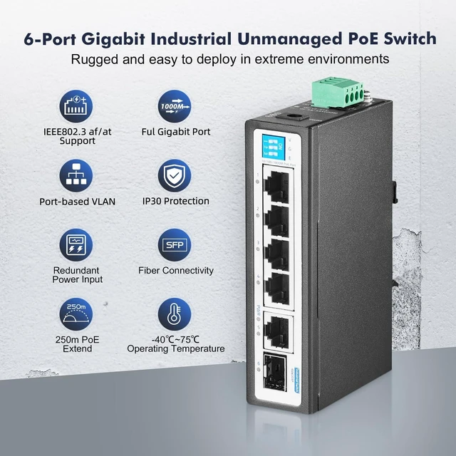 Alt view image 2 of 7 - 6-Port Mini Gigabit Industrial PoE Switch, 4 PoE Ports + 1G Uplink & SFP, IP30 DIN-Rail
