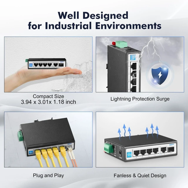 Alt view image 6 of 7 - 6-Port Mini Gigabit Industrial PoE Switch, 4 PoE Ports + 1G Uplink & SFP, IP30 DIN-Rail