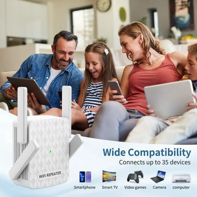 Alt view image 7 of 7 - WiFi Extender Signal Booster, Internet Wireless Repeater for Home Coverage up to 10000sq.ft and 35 Devices, 1200Mbps WiFi Booster with Ethernet Port, Dual Band 2.4G/5G, 4 Antennas