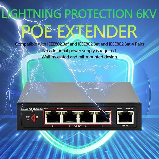 Alt view image 2 of 7 - PoE Extender with Gigabit Speeds & Passthrough Switch, 48V 60W PoE+, 1 PoE++ in and 4 PoE Out, IEEE802.3af/at/bt, 6KV Surge Protection, No Power Needed