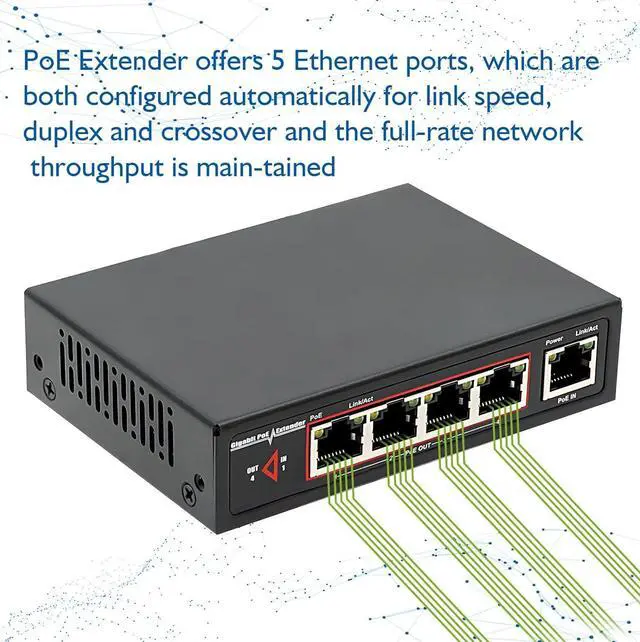 Alt view image 5 of 7 - PoE Extender with Gigabit Speeds & Passthrough Switch, 48V 60W PoE+, 1 PoE++ in and 4 PoE Out, IEEE802.3af/at/bt, 6KV Surge Protection, No Power Needed