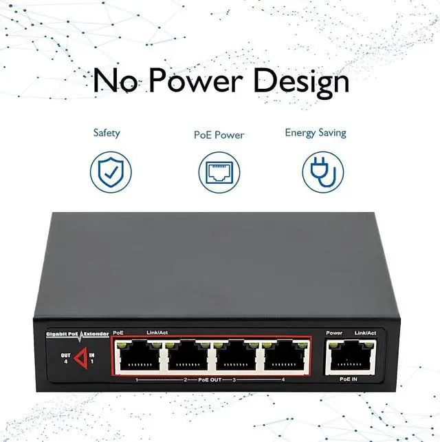 Alt view image 7 of 7 - PoE Extender with Gigabit Speeds & Passthrough Switch, 48V 60W PoE+, 1 PoE++ in and 4 PoE Out, IEEE802.3af/at/bt, 6KV Surge Protection, No Power Needed