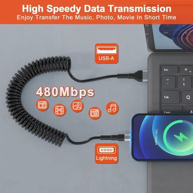 Alt view image 5 of 7 - Coiled Lightning Cable Apple Carplay Compatible [Apple MFi Certified] Short USB to Lightning Apple Carplay Cable with Data Sync and LED, Retractable iPhone Charger Cord for iPhone/Pad/Pod