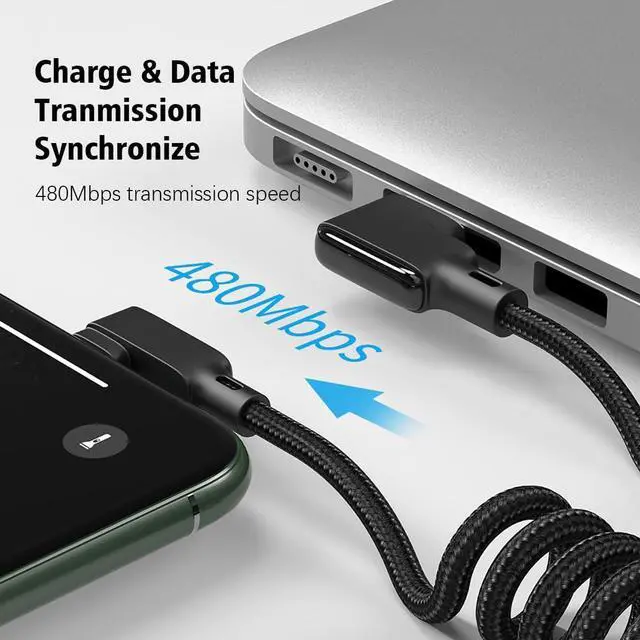 Alt view image 3 of 7 - 90 Degree Coiled Charging Cable Right Angle Design Gaming LED Cord 6ft/1.8m Elastic Nylon Cable Charge and Sync for Phone XS/XS Max/XR/Phone X/8/8 Plus/7/7 Plus Pad Pro Air 2 and More