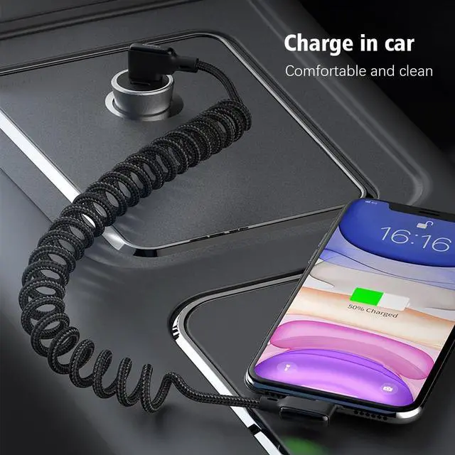 Alt view image 4 of 7 - 90 Degree Coiled Charging Cable Right Angle Design Gaming LED Cord 6ft/1.8m Elastic Nylon Cable Charge and Sync for Phone XS/XS Max/XR/Phone X/8/8 Plus/7/7 Plus Pad Pro Air 2 and More